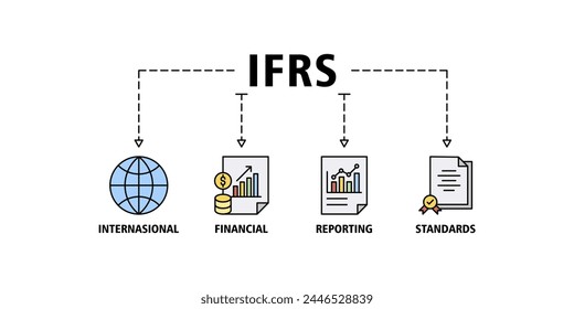 Concepto de Ilustración vectorial de íconos de Web de Anuncio de las Niif para las normas internacionales de información financiera con ícono de global, red, dinero, documentos, libros y escritura