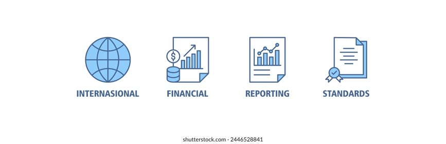 Concepto de Ilustración vectorial de íconos de Web de Anuncio de las Niif para las normas internacionales de información financiera con ícono de global, red, dinero, documentos, libros y escritura