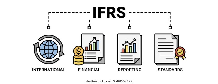 Ifrs banner web icon vector illustration concept for international financial reporting standards with icon of global, network, money, documents, books, and writing icons. Outline color symbol.