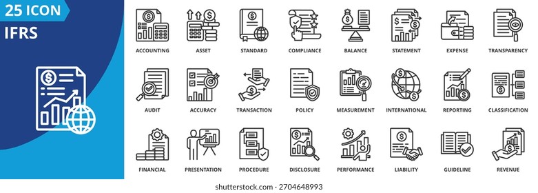 Icono de NIIF colección de conjunto en estilo de esquema. Icono de paquete contiene contabilidad, estándar, financiero, informes, extracto, balance, presentación, activo, pasivo, ícono de patrimonio