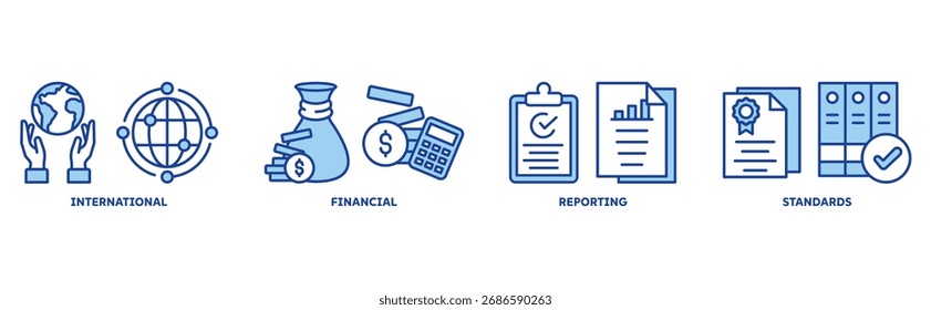 Ícone IFRS conjunto conceito ilustração com ícone de internacional, financeiro, relatório, padrão