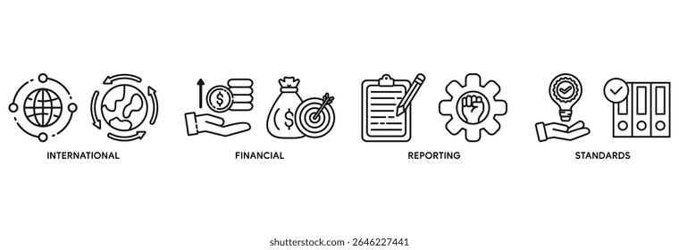 Ifrs ícone definir conceito de ilustração vetorial relacionar-se aos padrões internacionais de relato financeiro com ícone de global, rede, dinheiro, documentos, livros e escrita
