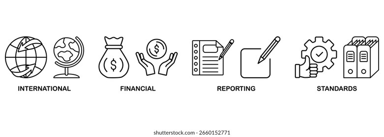 Ícone Ifrs define conceito de ilustração vetorial com ícone de padrões internacionais de relatório financeiro com ícone de global, rede, dinheiro, documentos, livros e escrita
