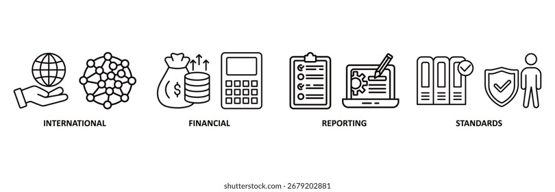 IFR-Symbol-Set, Vektorgrafik für internationale Rechnungslegungsstandards mit einem Symbol für Global, Netzwerk, Geld, Dokumente, Bücher und Schrift