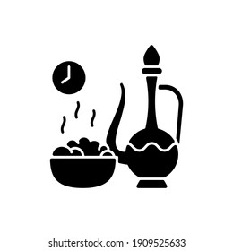 Iftar icono de glifo negro. Comida nocturna con la que los musulmanes terminan su ayuno diario de ramadán al atardecer. Observaciones religiosas. Símbolo de silueta en el espacio blanco. Ilustración aislada del vector
