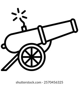 Iftar cannon with a lit fuse, symbolize Ramadan practice of signaling the breaking of the fast. Line icon illustration. Perfect for use in contents related to Ramadan, fasting, and Islamic traditions.