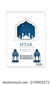 Iftar Celebration 2026 Poster with Blue Mosque Silhouette and Lanterns