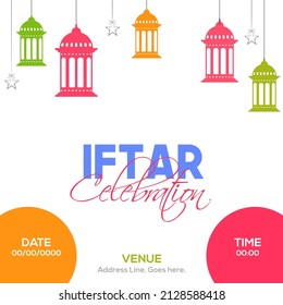 Iftar Celebration Flyer Or Poster Design Decorated With Arabic Lanterns, Stars Hang On White Background.