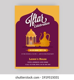 Iftar Celebration Flyer Or Template Design With Event Details In Yellow And Pink Color.