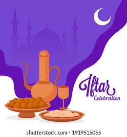 Iftar Celebration Poster Design With Arabic Jar, Glass, Sweets, Crescent Moon On White And Purple Silhouette Mosque Background.