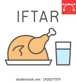 Iftar color line icon, Happy Ramadan and religion, chicken food with water vector icon, vector graphics, editable stroke filled outline sign, eps 10