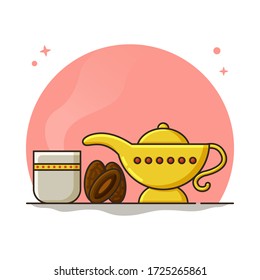 Iftar With Date and Drink. Ramadan Fasting Concept. Dates Fruit and Teapot Vector