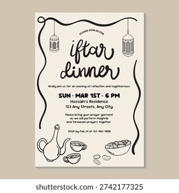 Iftar Dinner Invitation with Hand-drawn Dates, Drink, and Islamic Lantern