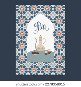 Iftar dinner menu card, invitation. Hand drawn dallah coffee pot, date fruit and Turkish tea. Moroccan star shaped pattern, vector tile background. Ramadan Kareem, Eid ul Fitr postcard. Arab design. 