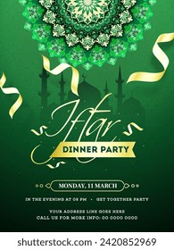 Iftar Dinner Party Invitation Card, Flyer Design with Event Details in Green Color.