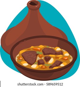 Iftar dish in tagine. Oriental clay pot with cover. Isolated. On aquamarine background.