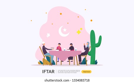 Iftar Eating After Fasting feast party concept. Moslem family dinner on Ramadan Kareem or celebrating Eid with people character. web landing page template, banner, presentation, social or print media