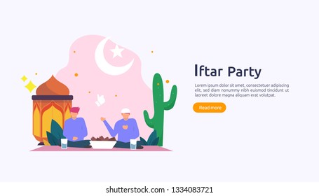 Iftar Eating After Fasting feast party concept. Moslem family dinner on Ramadan Kareem or celebrating Eid with people character. web landing page template, banner, presentation, social or print media