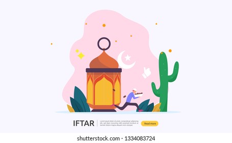 Iftar Eating After Fasting feast party concept. Moslem family dinner on Ramadan Kareem or celebrating Eid with people character. web landing page template, banner, presentation, social or print media