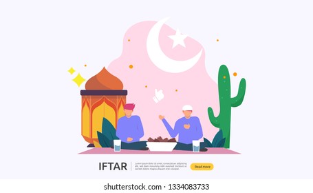 Iftar Eating After Fasting feast party concept. Moslem family dinner on Ramadan Kareem or celebrating Eid with people character. web landing page template, banner, presentation, social or print media