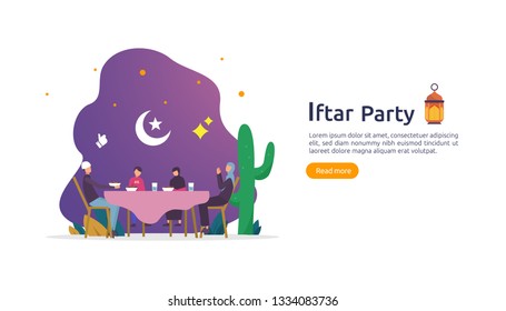 Iftar Eating After Fasting feast party concept. Moslem family dinner on Ramadan Kareem or celebrating Eid with people character. web landing page template, banner, presentation, social or print media