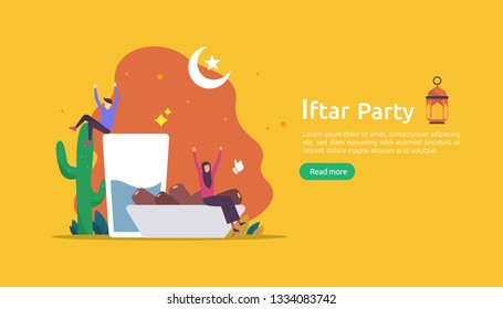 Iftar Eating After Fasting feast party concept. Moslem family dinner on Ramadan Kareem or celebrating Eid with people character. web landing page template, banner, presentation, social or print media
