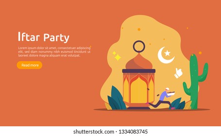 Iftar Eating After Fasting feast party concept. Moslem family dinner on Ramadan Kareem or celebrating Eid with people character. web landing page template, banner, presentation, social or print media