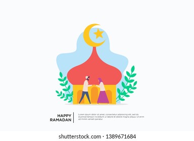 Iftar Eating After Fasting feast party concept. Moslem family dinner on Ramadan Kareem or celebrating Eid with people character. web landing page template, banner, presentation, social or print media