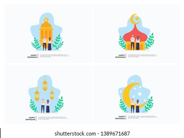 Iftar Eating After Fasting feast party concept. Moslem family dinner on Ramadan Kareem or celebrating Eid with people character. web landing page template, banner, presentation, social or print media