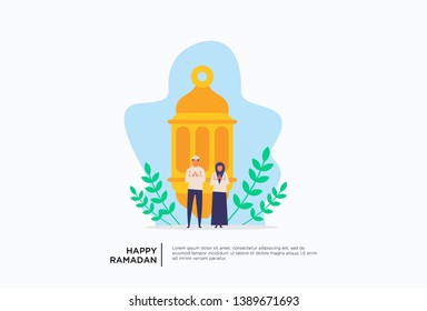 Iftar Eating After Fasting feast party concept. Moslem family dinner on Ramadan Kareem or celebrating Eid with people character. web landing page template, banner, presentation, social or print media