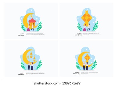 Iftar Eating After Fasting feast party concept. Moslem family dinner on Ramadan Kareem or celebrating Eid with people character. web landing page template, banner, presentation, social or print media