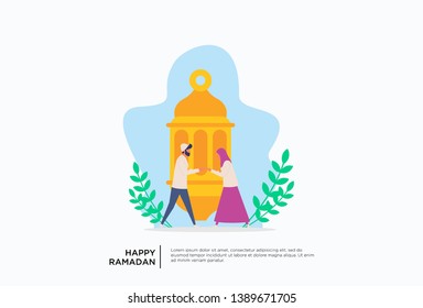 Iftar Eating After Fasting feast party concept. Moslem family dinner on Ramadan Kareem or celebrating Eid with people character. web landing page template, banner, presentation, social or print media