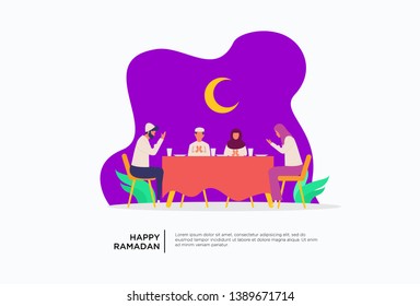Iftar Eating After Fasting feast party concept. Moslem family dinner on Ramadan Kareem or celebrating Eid with people character. web landing page template, banner, presentation, social or print media
