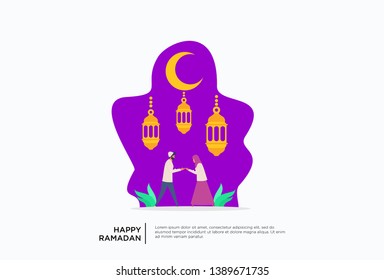 Iftar Eating After Fasting feast party concept. Moslem family dinner on Ramadan Kareem or celebrating Eid with people character. web landing page template, banner, presentation, social or print media