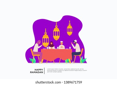 Iftar Eating After Fasting feast party concept. Moslem family dinner on Ramadan Kareem or celebrating Eid with people character. web landing page template, banner, presentation, social or print media