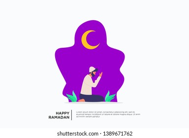 Iftar Eating After Fasting feast party concept. Moslem family dinner on Ramadan Kareem or celebrating Eid with people character. web landing page template, banner, presentation, social or print media