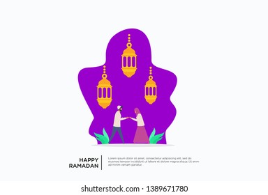 Iftar Eating After Fasting feast party concept. Moslem family dinner on Ramadan Kareem or celebrating Eid with people character. web landing page template, banner, presentation, social or print media