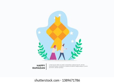Iftar Eating After Fasting feast party concept. Moslem family dinner on Ramadan Kareem or celebrating Eid with people character. web landing page template, banner, presentation, social or print media
