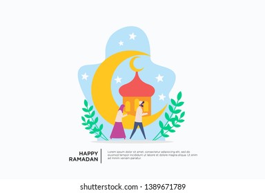Iftar Eating After Fasting feast party concept. Moslem family dinner on Ramadan Kareem or celebrating Eid with people character. web landing page template, banner, presentation, social or print media