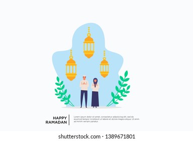Iftar Eating After Fasting feast party concept. Moslem family dinner on Ramadan Kareem or celebrating Eid with people character. web landing page template, banner, presentation, social or print media