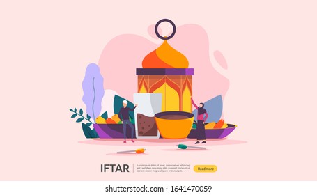 Iftar Eating After Fasting feast party concept. Moslem family dinner on Ramadan Kareem or celebrating Eid with people character. web landing page template, banner, presentation, social or print media