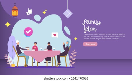 Iftar Eating After Fasting feast party concept. Moslem family dinner on Ramadan Kareem or celebrating Eid with people character. web landing page template, banner, presentation, social or print media