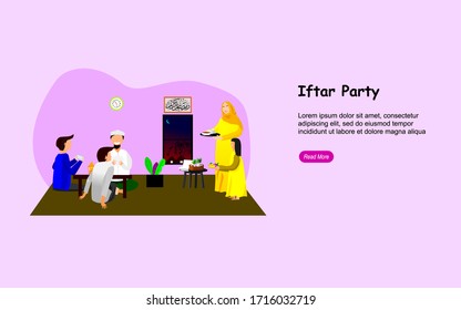 Iftar Eating After Fasting feast party concept. Moslem family dinner on Ramadan Kareem or celebrating Eid with people character. web landing page template, banner, presentation, social or print media