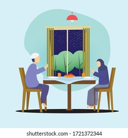 Iftar Eating After Fasting feast party concept. Moslem family dinner on Ramadan Kareem or celebrating Eid Mubarak. Web landing page template.  Suitable for banner, presentation, social or print media.
