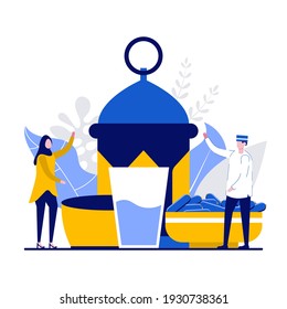Iftar Eating After Fasting feast party concept with tiny people. Moslem family dinner on Ramadan Kareem or celebrating Eid flat vector illustration. Can use for card, background, landing page idea.