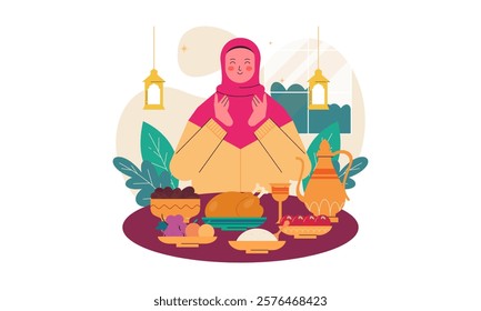 Iftar Eating after Fasting Feast Party Concept. Flat Design Illustration of Muslim Family Breaking the Fast in Ramadan. Design for Landing Page, Banner, Background, Poster, Social Media Post Template.