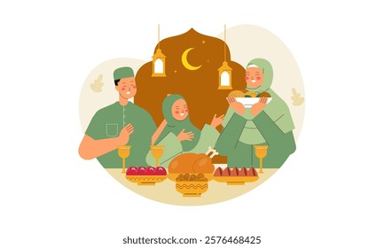 Iftar Eating after Fasting Feast Party Concept. Flat Design Illustration of Muslim Family Breaking the Fast in Ramadan. Design for Landing Page, Banner, Background, Poster, Social Media Post Template.