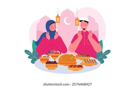 Iftar Eating after Fasting Feast Party Concept. Flat Design Illustration of Muslim Family Breaking the Fast in Ramadan. Design for Landing Page, Banner, Background, Poster, Social Media Post Template.