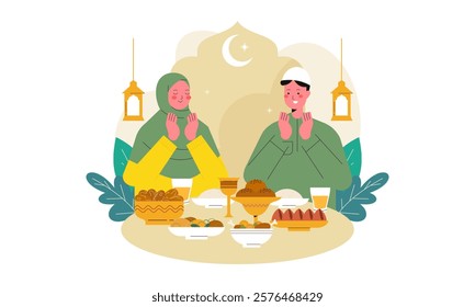 Iftar Eating after Fasting Feast Party Concept. Flat Design Illustration of Muslim Family Breaking the Fast in Ramadan. Design for Landing Page, Banner, Background, Poster, Social Media Post Template.