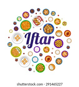 Iftar Evening lettering with food plates in circle shape